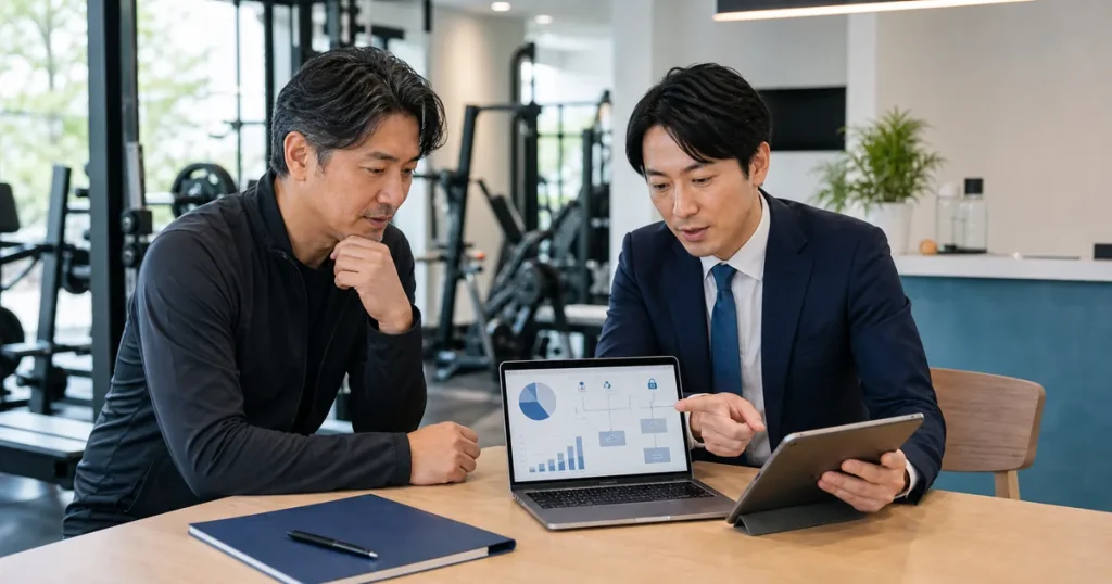 ジムM&Aで会員情報の安全な承継計画を確認するジム経営者と担当者
