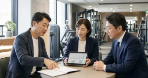 フィットネスクラブM&Aの法人会員契約を確認する施設責任者と企業担当者
