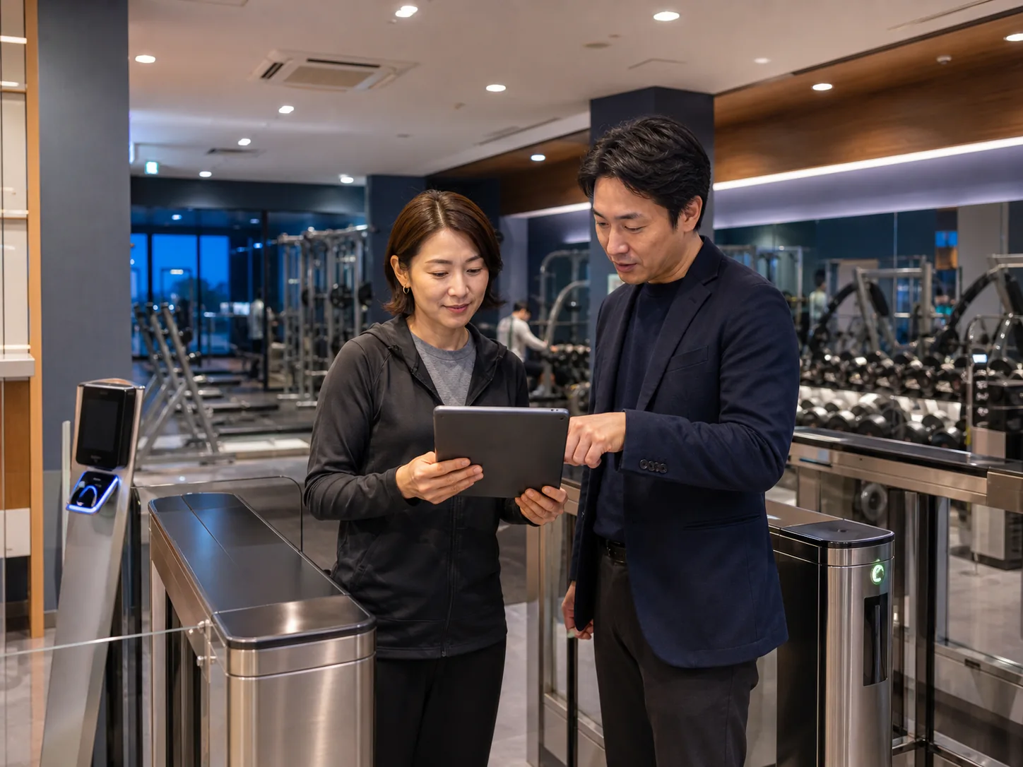 24時間ジムの入退館設備と運営状況を確認するオーナーと担当者