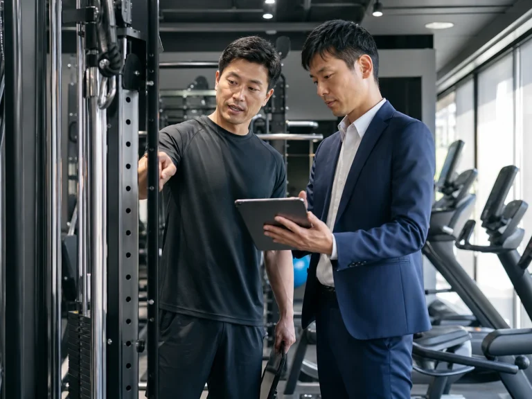 ジム設備の状態と保守履歴を確認するオーナーとM&A担当者