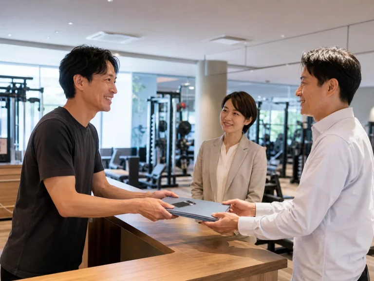 ジム受付で運営資料を確認する新旧オーナーとM&A担当者
