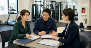 ジムM&Aの施設賠償責任保険と事故記録を確認する施設責任者と担当者