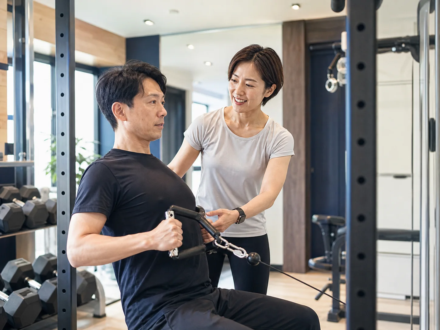 パーソナルジムで会員のトレーニングを支えるトレーナー