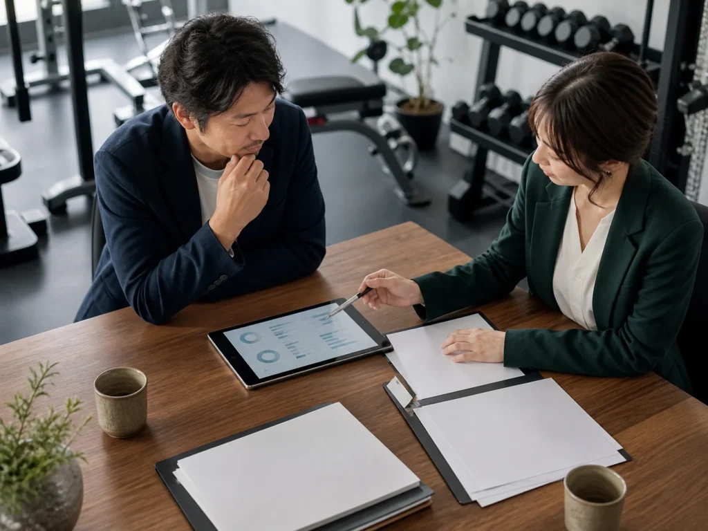 ジムM&Aの譲渡準備資料と会員データを整理する担当者